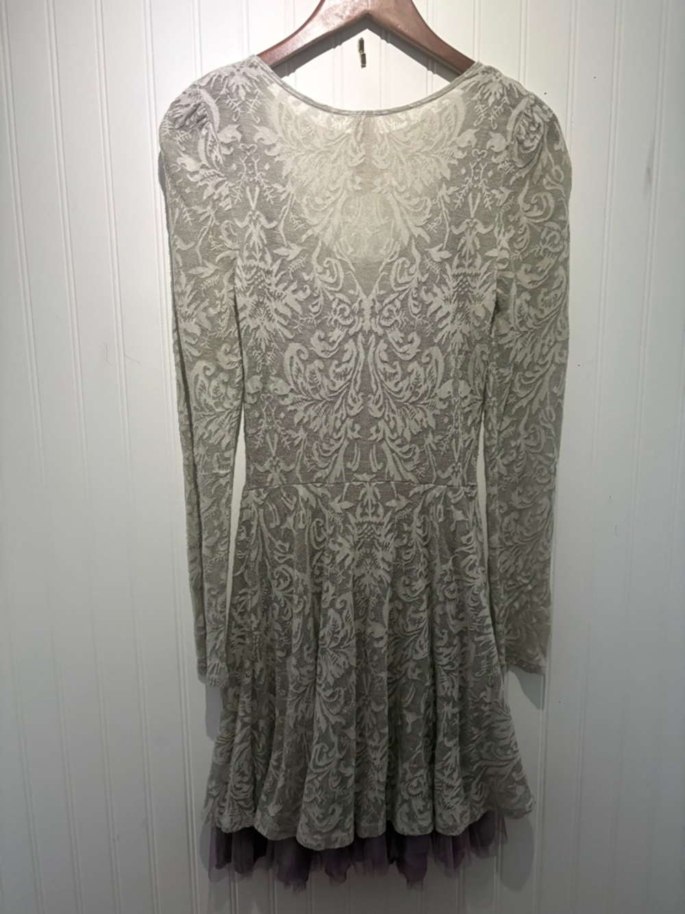 FREE PEOPLE Cream Lace Long Sleeve Skater Dress with Dusty Lavender Tulle size M - Picture 5 of 10